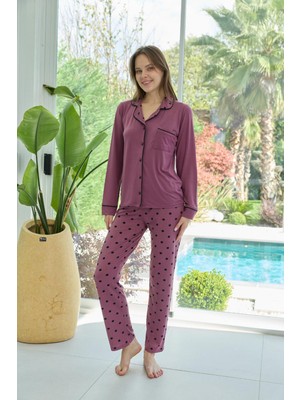 Bursa Pijama Kadın Uzun Kol Önden Düğmeli Puantiye Desen Pijama Takımı