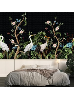 Siyah Zeminde Ağaçlar Balıkçıl Kuşları Poster Duvar Kağıdı
