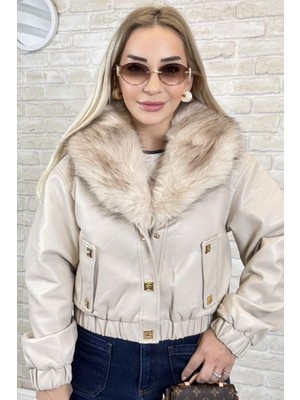 Muna Boutique Ithal Yakası Kürklü Bej Kadın Mont