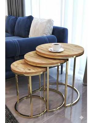 Dzgn Home Gohan 3'lü Metal Parlak Gold Ayak Antik Çam Tabla Ahşap Yuvarlak Zigon Sehpa Takımı Orta Salon Sehpa