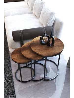 Dzgn Home Sumato 3'lü Metal Siyah Ceviz Ahşap Yuvarlak Zigon Sehpa Takımı Orta Sehpa Yan Sehpa