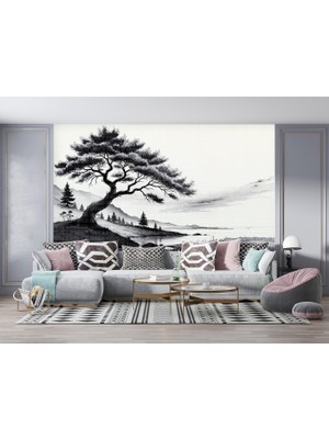 Siyah Beyaz Göl Ağaçlar ve Doğa Poster Duvar Kağıdı