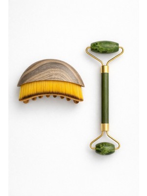 Busstier Lenfatik Drenaj Kuru Fırça ve Yeşim Taşı Jade Roller 2li Set Yüz, Boyun, Göz ve Vücut Masaj Aleti