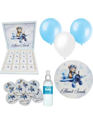 Mutlu Adım Bebek Doğum Hediyelik Süsleme Seti Çikolata Ahşap Magnet - Kapı Süsü - Kolonya - Balon Mod.6