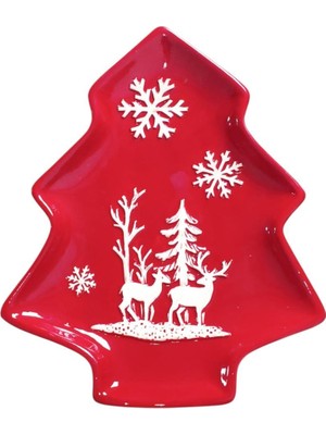 Mutlu Adım 1 Adet 24X17CM Seramik Çam Ağacı Tabak Yılbaşı Kırmızı Desenli