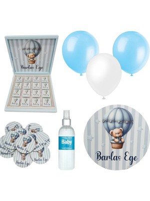 Mutlu Adım Bebek Doğum Hediyelik Süsleme Seti Çikolata Ahşap Magnet - Kapı Süsü - Kolonya - Balon Mod.9