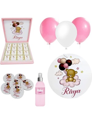 Mutlu Adım Bebek Doğum Hediyelik Süsleme Seti Çikolata Ahşap Magnet - Kapı Süsü - Kolonya - Balon Mod.2