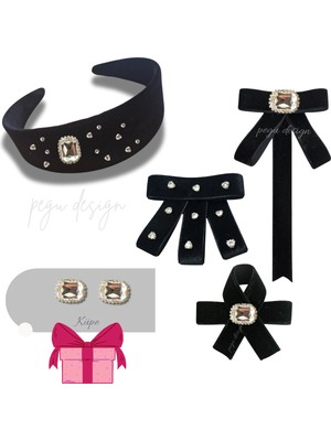 Pegu 5 Li Set Kadife Taç,taşlı Yaka Broş ,çift Küpe Sevgililer Günü Hediye