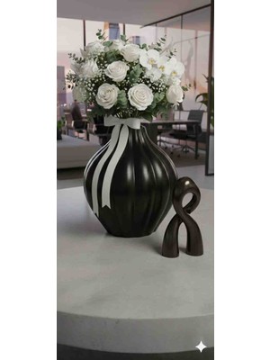 Velorahomee Dekoratif Mat Siyah Oluklu Seramik Vazo - Modern Tasarım Çiçek Vazosu - Ev ve Ofis Hediyesi