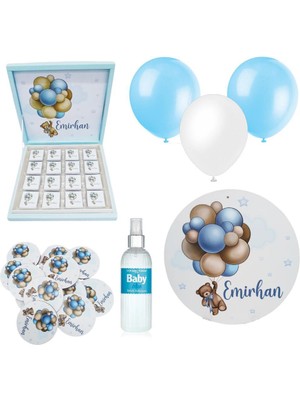 Mutlu Adım Bebek Doğum Hediyelik Süsleme Seti Çikolata Ahşap Magnet - Kapı Süsü - Kolonya - Balon Mod.7