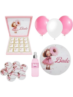 Mutlu Adım Bebek Doğum Hediyelik Süsleme Seti Çikolata Ahşap Magnet - Kapı Süsü - Kolonya - Balon Mod.3