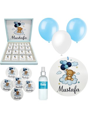 Mutlu Adım Bebek Doğum Hediyelik Süsleme Seti Çikolata Ahşap Magnet - Kapı Süsü - Kolonya - Balon Mod.10