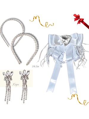 Pegu 4 Lü Set Incili Taç,çiçekli Yaka Broş,çift Küpe,sevgililer Günü Hediye