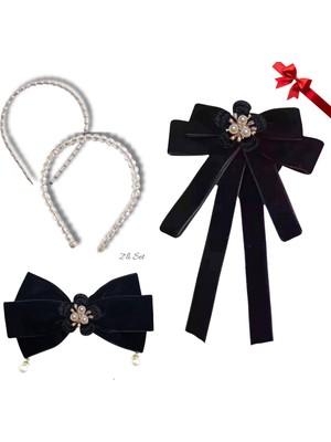 Pegu 4 Lü Set Incili Taç,,çiçekli Yaka Broş,kadife Otomatik Toka,sevgililer Günü Hediye