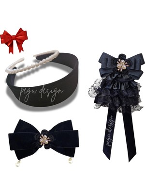 Pegu 4 Lü Set Incili Taç,kadife Taç,çiçekli Yaka Broş,kadife Otomatik Toka,sevgililer Günü Hediye