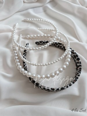 Pegu 4 Lü Set Leopar Kadife Taç ve Sıralı Inci Taç , Gelin,davet ,kutlama ,günlük,