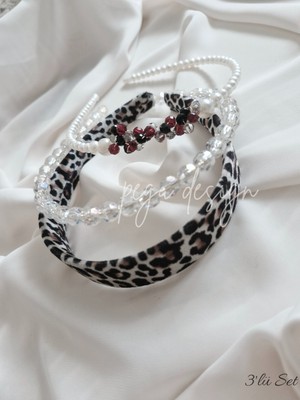 Pegu 3 Lü Set Kadife Leopar Desen ve Sıralı Inci Taç , Gelin,davet ,kutlama ,günlük,