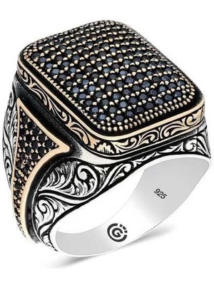 Inure Jewelry Gümüş Siyah Zirkon Taşlı Kare Erkek Yüzük
