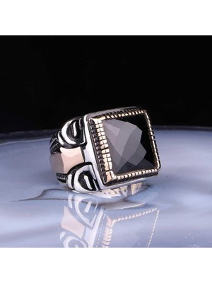 Inure Jewelry ​gümüş Kare Fasetli Siyah Taşlı Erkek Yüzük