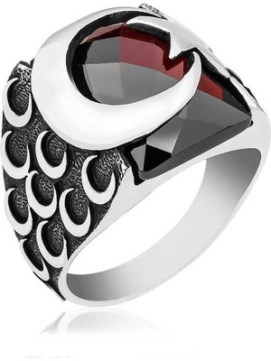 Inure Jewelry ​Gümüş Kırmızı Kesme Taşlı Ay Yıldız Erkek Yüzük