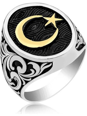 Inure Jewelry Gümüş Yanları Desenli Ay Yıldız Erkek Yüzük