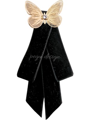 Pegu Kelebekli Siyah Kadife Broş Set Kristal Taş,papyon Kravat Yakalık Yaka Iğnesi Kadın Broş