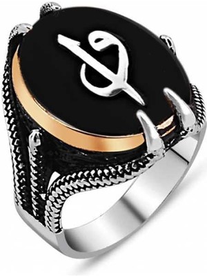 Inure Jewelry Gümüş Siyah Taşlı Kartal Pençesi Elif Vav Erkek Yüzük
