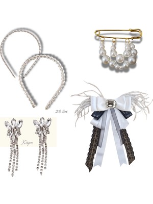 Pegu 5 Li Set Incili Taç,yaka Broş,iskoç Iğnesi ,çift Küpe Sevgililer Günü Hediye