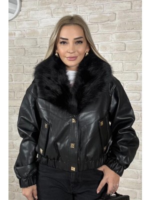Muna Boutique Ithal Yakası Kürklü Siyah Kadın Mont