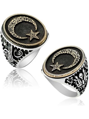 Inure Jewelry Gümüş Göktürkçe Alfabesi Yazılı Ay Yıldız Erkek Yüzük