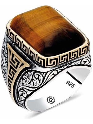 Inure Jewelry ​gümüş Kaplan Gözü Taşlı Kare Erkek Yüzük