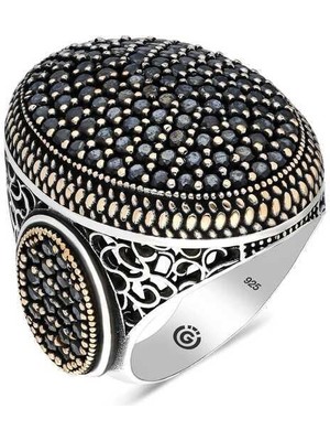 Inure Jewelry Gümüş Siyah Zirkon Taşlı Oval Erkek Yüzük