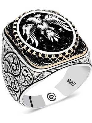 Inure Jewelry Gümüş Çift Başlı Kartal Oval Erkek Yüzük
