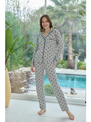 Bursa Pijama Kadın Uzun Kol Önden Düğmeli Puantiye Desen Pijama Takımı