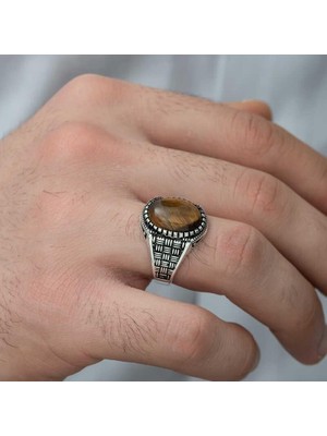 Inure Jewelry Gümüş Kaplan Gözü Taşlı Örgü Desenli Erkek Yüzük