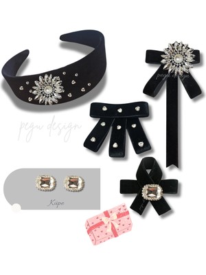 Pegu 5 Li Set Kadife Taç,taşlı Yaka Broş ,çift Küpe Sevgililer Günü Hediye