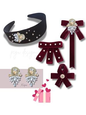 Pegu 5 Li Set Kadife Taç,taşlı Yaka Broş,kadife Otomatik Toka, ,çift Küpe Sevgililer Günü Hediye