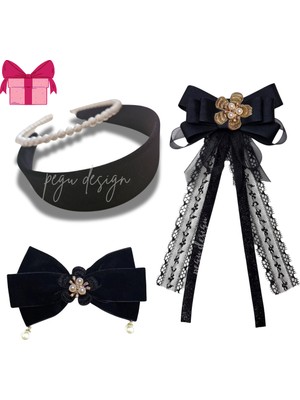 Pegu 4 Lü Set Incili Taç,kadife Taç,çiçekli Yaka Broş,kadife Otomatik Toka,sevgililer Günü Hediye