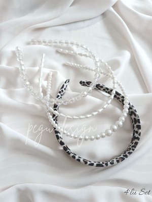 Pegu 4 Lü Set Leopar Kadife Taç ve Sıralı Inci Taç , Gelin,davet ,kutlama ,günlük,