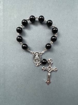 Yada Unique 8 mm Siyah Oniks Doğal Taş Katolik Mini Hrıstiyan Rosary Tesbih -Gümüş Rengi