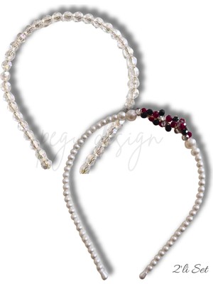 Pegu 2 Li Set Kristal Boncuklu Sıralı Inci Taç , Gelin,davet ,kutlama ,günlük, Özel Gün,yaşam