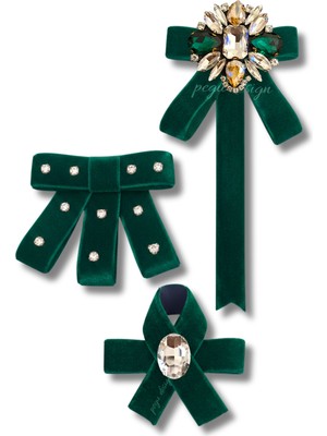 Pegu Kelebekli 3 Lü Zümrüt Yeşil Kadife Broş Set Kristal Taş,papyon Kravat Yakalık Yaka Iğnesi Kadın Broş