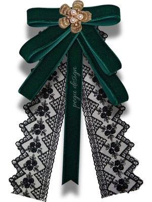 Pegu Yeşil Kadife Kurdele Dantel Güpürlü Incili Çiçekli Yaka Broş,papyon,kravat ..