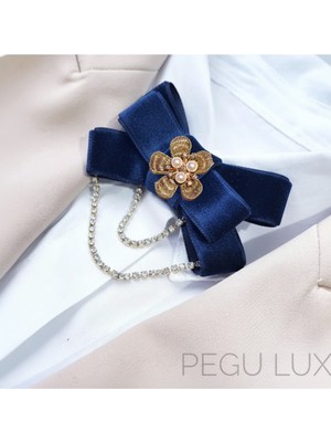 Pegu Lacivert Kadife Su Yolu Sallantılı Incili Çiçekli Yaka Broş,papyon,kravat ..