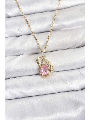Tp Buğz 316L Çelik Zincir Gold Renk Pembe Kuğu Model Zirkon Taşlı Kadın Kolye