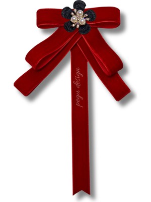 Pegu Kırmızı Kadife Kurdele Incili Çiçekli Yaka Broş,papyon,kravat ..