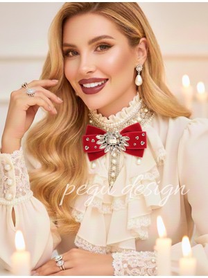 Pegu Kırmızı Kadife , Yanlar Inci Sallantılı Kristal Taşlı ,kadın Papyon,broş,yeniyıl Kutlama,kravat