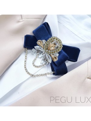 Pegu Lacivert Kadife ,kristal Taşlı ,kadın Papyon,broş,yaka Iğnesi,kravat
