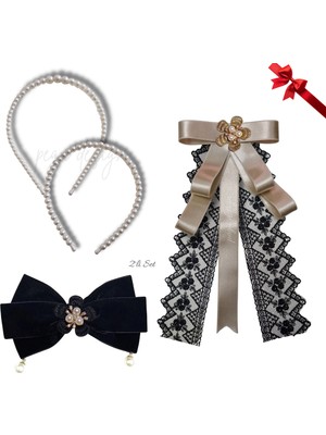 Pegu 4 Lü Set Incili Taç,çiçekli Yaka Broş,kadife Otomatik Toka,sevgililer Günü Hediye