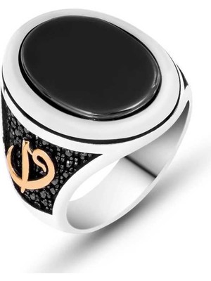 Inure Jewelry Gümüş Siyah Taşlı Elif Vav Erkek Yüzük